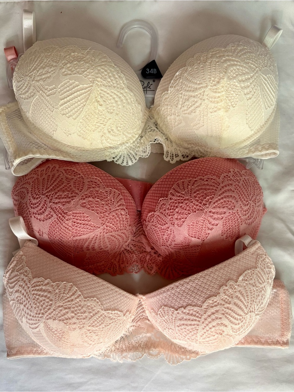 Rene Rofe Lace Push-Up Bra Trio — Ivory, Rose, Blush Size 34B